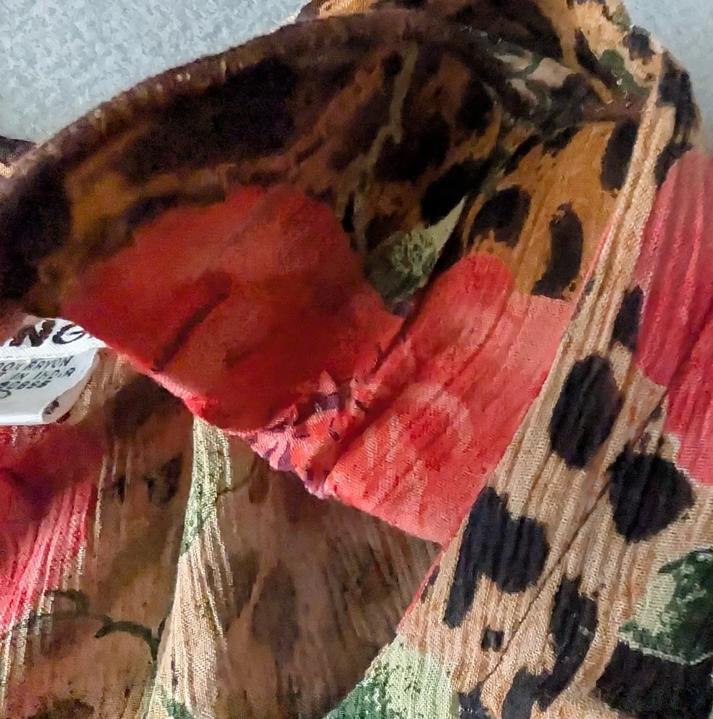 Vintage 90s Leopard and Rose Print Crinkle Rayon Midi Dress 70s Inspired Sz S - Picture 8 of 14